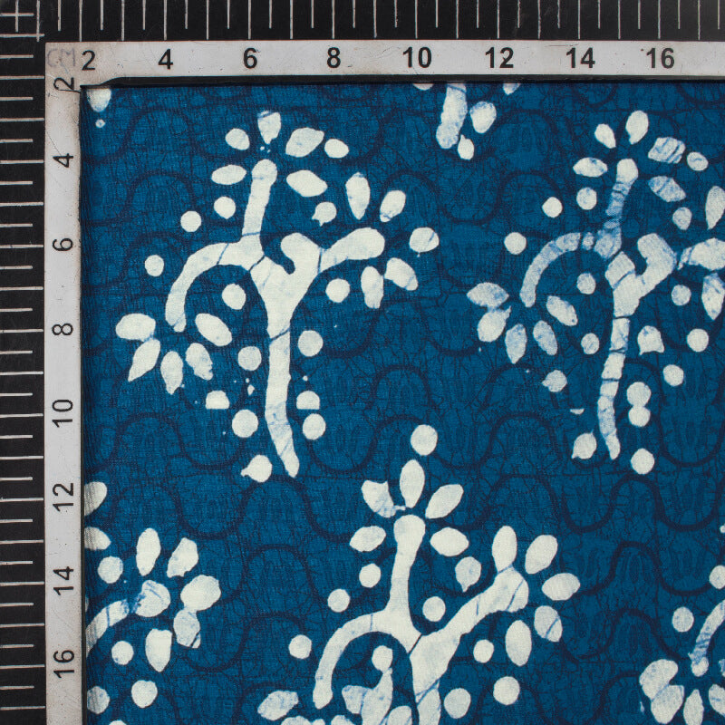 Navy Blue And White Floral Pattern Digital Printed Muslin Fabric - Fabcurate