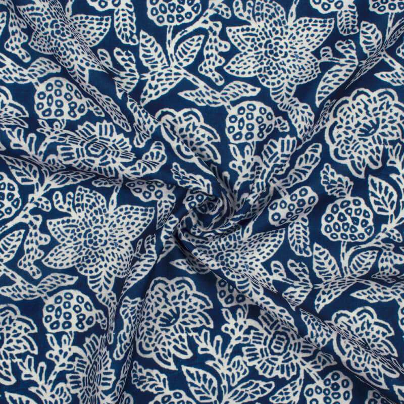 White And Navy Blue Floral Pattern Digital Printed Muslin Fabric - Fabcurate