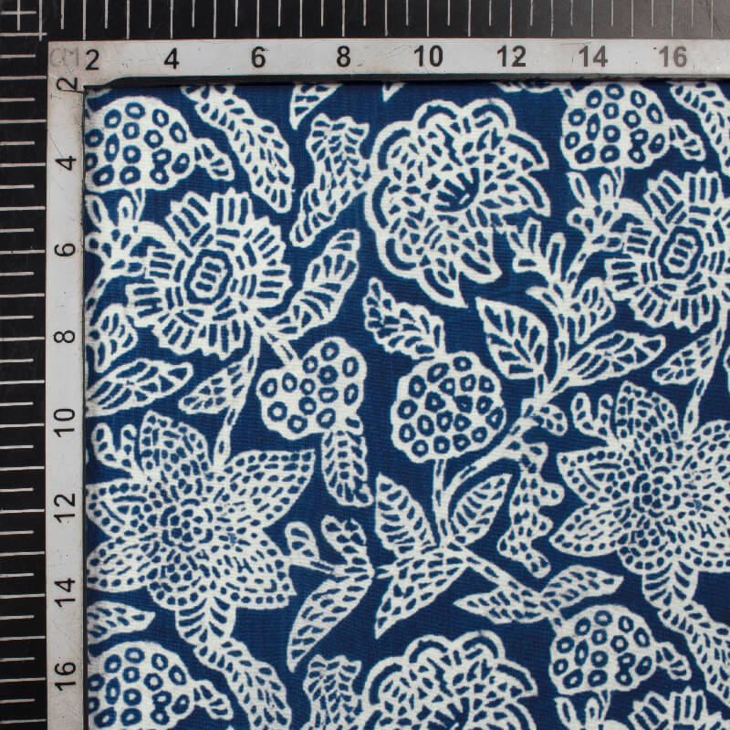 White And Navy Blue Floral Pattern Digital Printed Muslin Fabric - Fabcurate