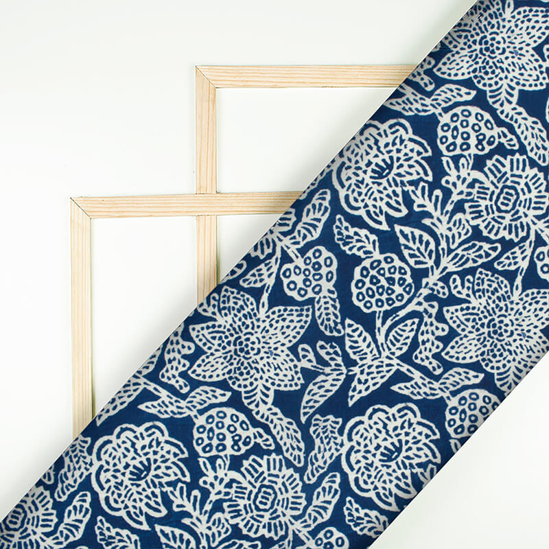 White And Navy Blue Floral Pattern Digital Printed Muslin Fabric - Fabcurate