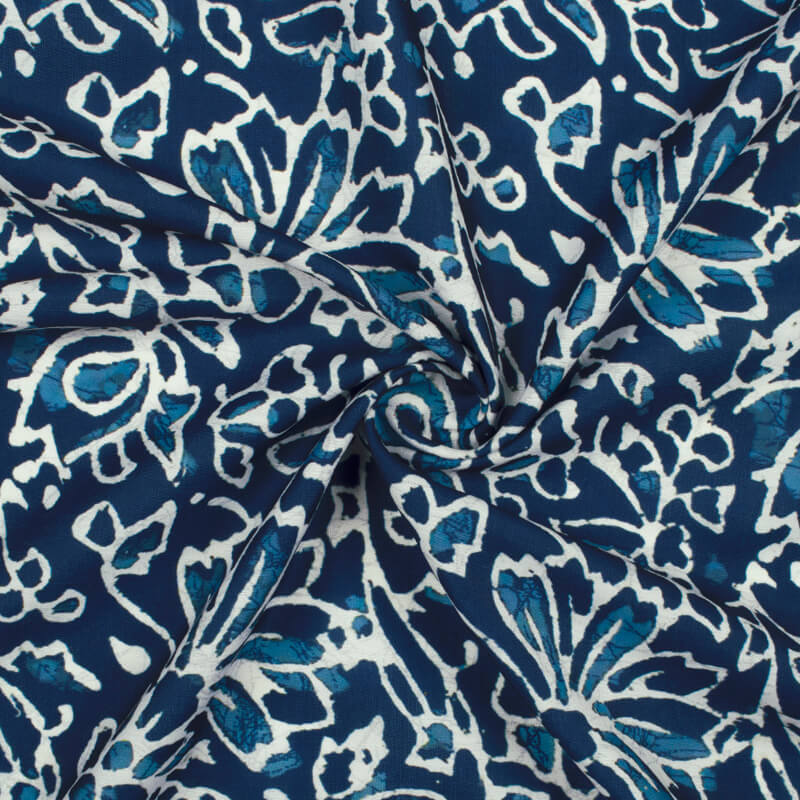 Navy Blue And White Floral Pattern Digital Printed Muslin Fabric - Fabcurate
