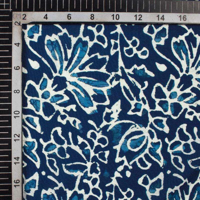 Navy Blue And White Floral Pattern Digital Printed Muslin Fabric - Fabcurate