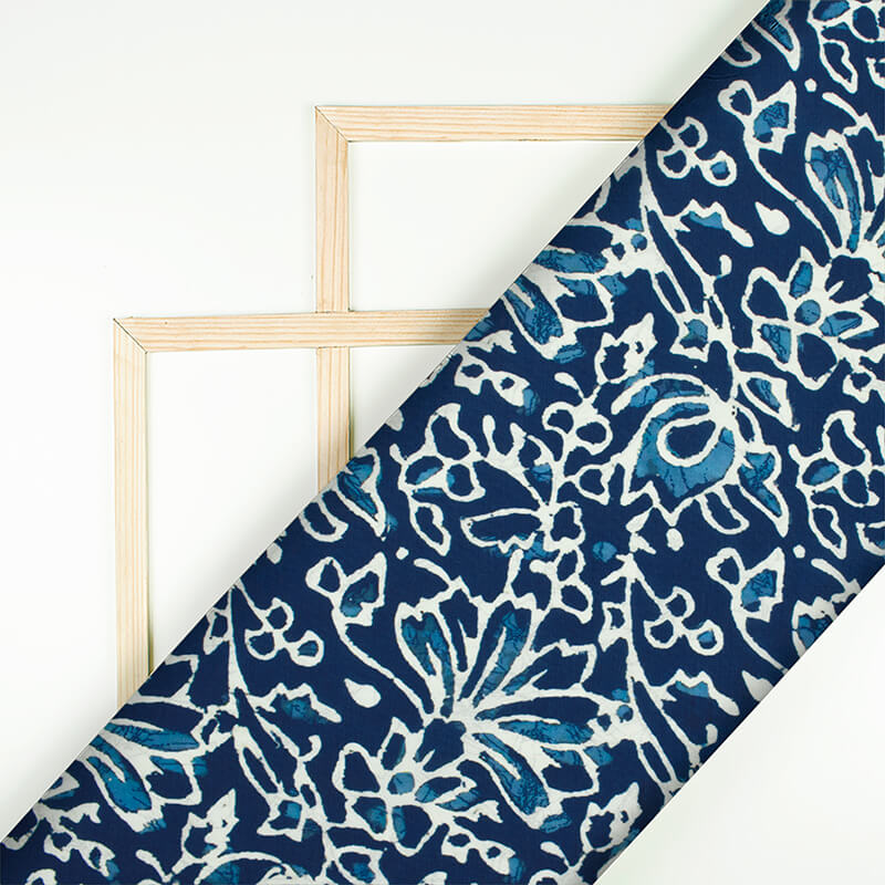 Navy Blue And White Floral Pattern Digital Printed Muslin Fabric - Fabcurate
