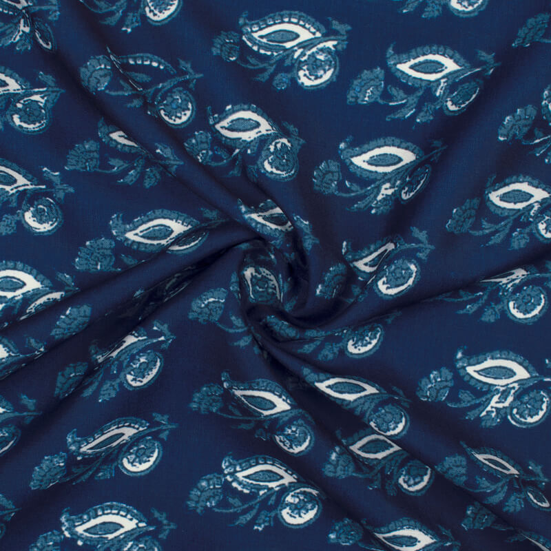 Navy Blue And White Booti Pattern Digital Printed Muslin Fabric - Fabcurate