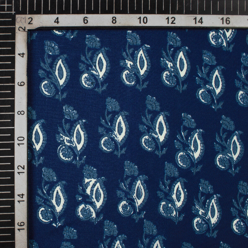 Navy Blue And White Booti Pattern Digital Printed Muslin Fabric - Fabcurate