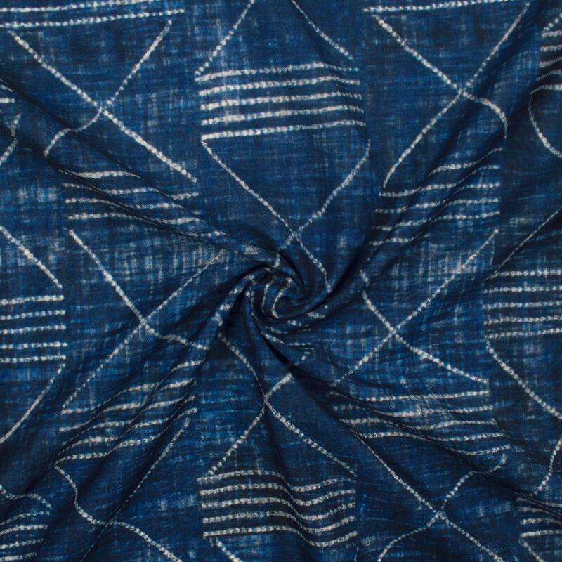 Navy Blue And White Geometric Pattern Digital Printed Muslin Fabric - Fabcurate