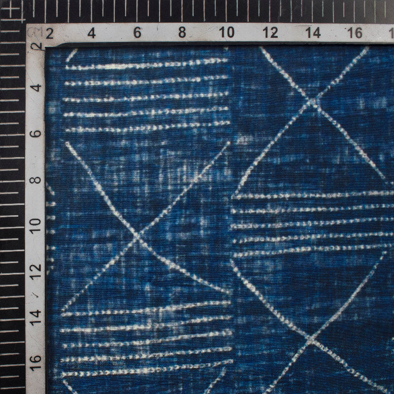 Navy Blue And White Geometric Pattern Digital Printed Muslin Fabric - Fabcurate