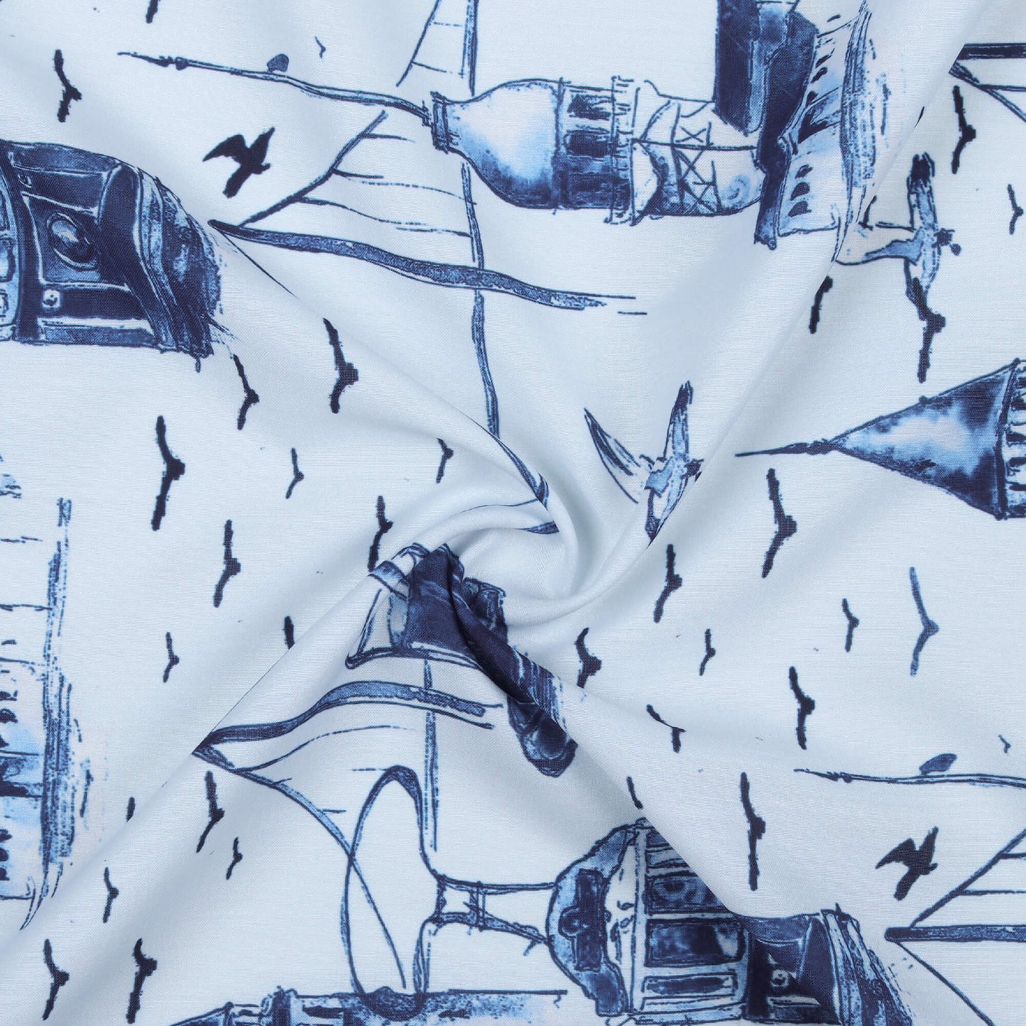 Navy Blue And White Quirky Pattern Digital Printed Muslin Fabric