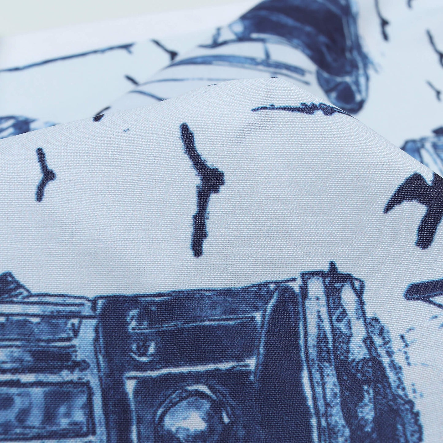 Navy Blue And White Quirky Pattern Digital Printed Muslin Fabric