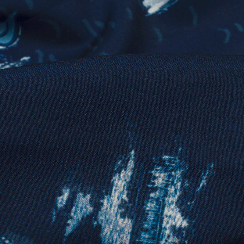 Navy Blue And White Quirky Pattern Digital Printed Muslin Fabric - Fabcurate