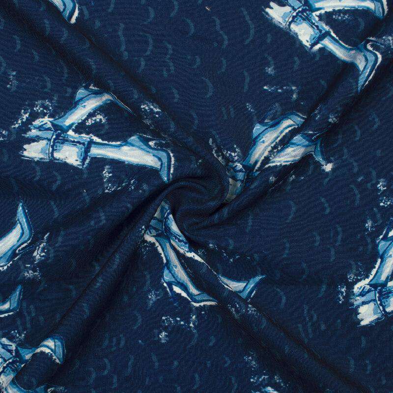 Navy Blue And White Quirky Pattern Digital Printed Muslin Fabric - Fabcurate