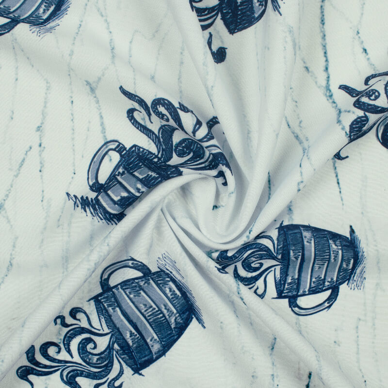 Navy Blue And White Quirky Pattern Digital Printed Muslin Fabric - Fabcurate