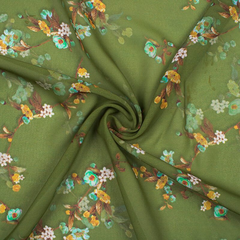 Olive Green And Beige Floral Pattern Digital Print Georgette Fabric