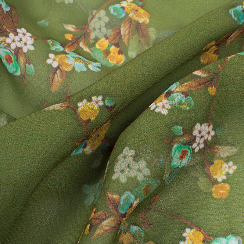 Olive Green And Beige Floral Pattern Digital Print Georgette Fabric