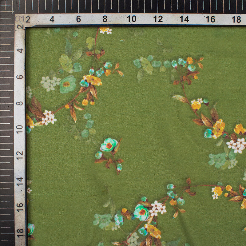 Olive Green And Beige Floral Pattern Digital Print Georgette Fabric