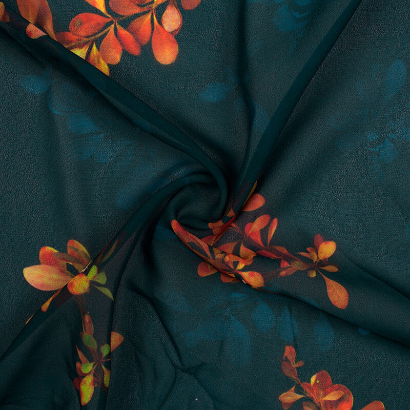 Prussian Blue And Marmalade Orange Floral Pattern Digital Print Georgette Fabric