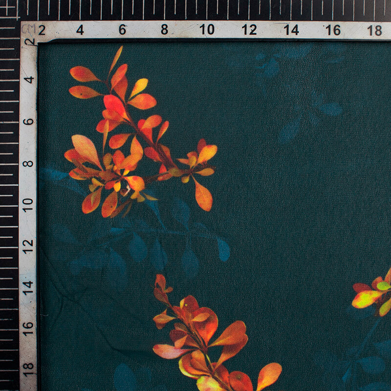 Prussian Blue And Marmalade Orange Floral Pattern Digital Print Georgette Fabric