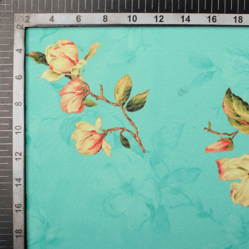 Turquoise Blue And Pink Floral Pattern Digital Print Georgette Fabric