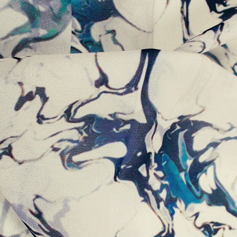 Ivory Cream And Blue Abstract Pattern Digital Print Georgette Fabric
