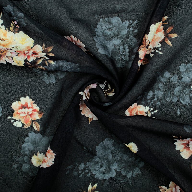 Dark Grey And Peach Floral Pattern Digital Print Georgette Fabric