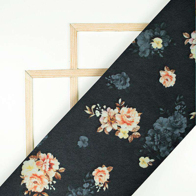Dark Grey And Peach Floral Pattern Digital Print Georgette Fabric - Fabcurate