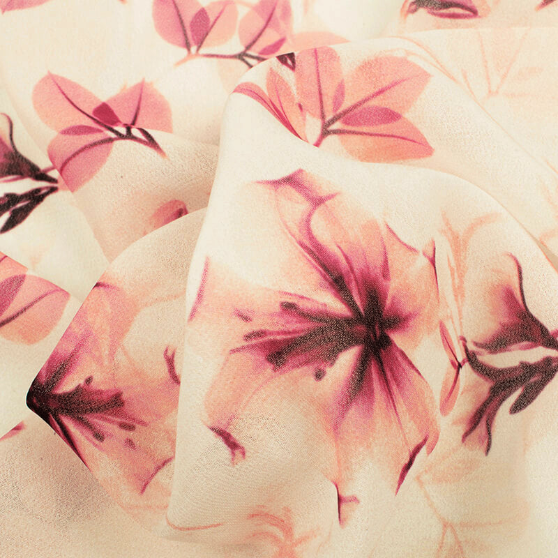 Alabaster Cream And Peach Floral Pattern Digital Print Georgette Fabric