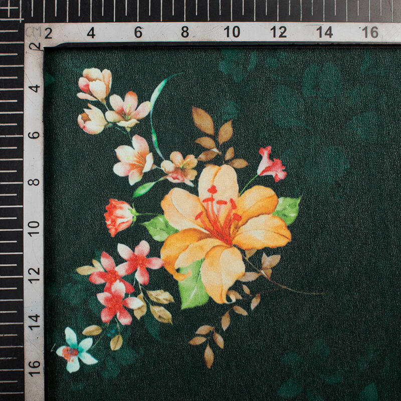 Dark Green And Pink Floral Pattern Digital Print Georgette Fabric