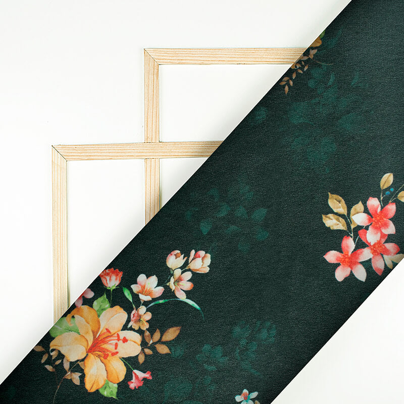 Dark Green And Pink Floral Pattern Digital Print Georgette Fabric - Fabcurate