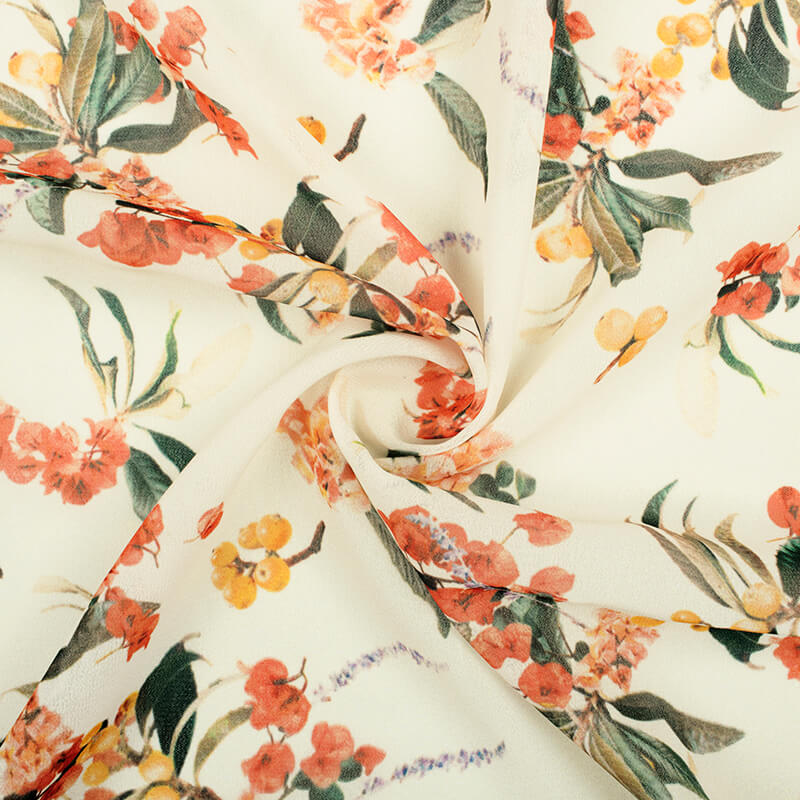 Perchment Cream And Peach Floral Pattern Digital Print Georgette Fabric