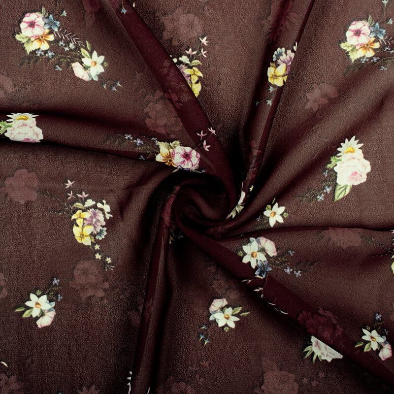 Coffee Brown And Rose Pink Floral Pattern Digital Print Georgette Fabric
