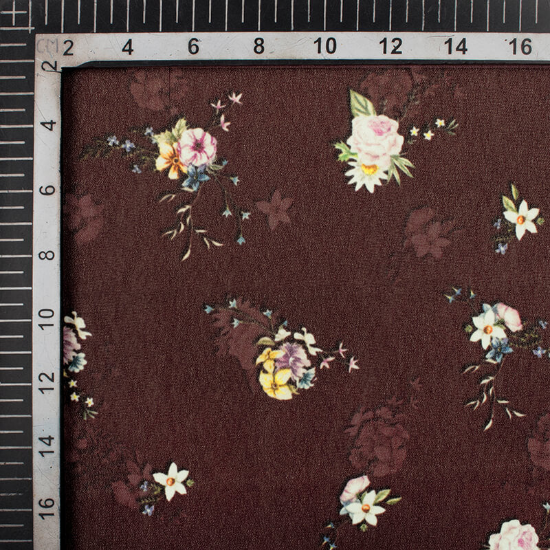 Coffee Brown And Rose Pink Floral Pattern Digital Print Georgette Fabric