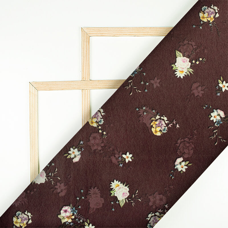 Coffee Brown And Rose Pink Floral Pattern Digital Print Georgette Fabric - Fabcurate