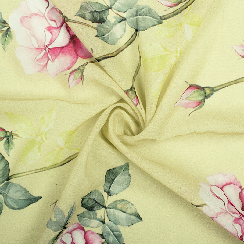 Cream And Rose Pink Floral Pattern Digital Print Georgette Fabric