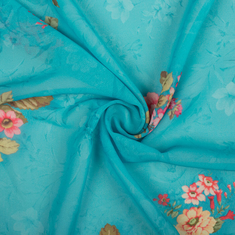 Sky Blue And Pink Floral Pattern Digital Print Georgette Fabric