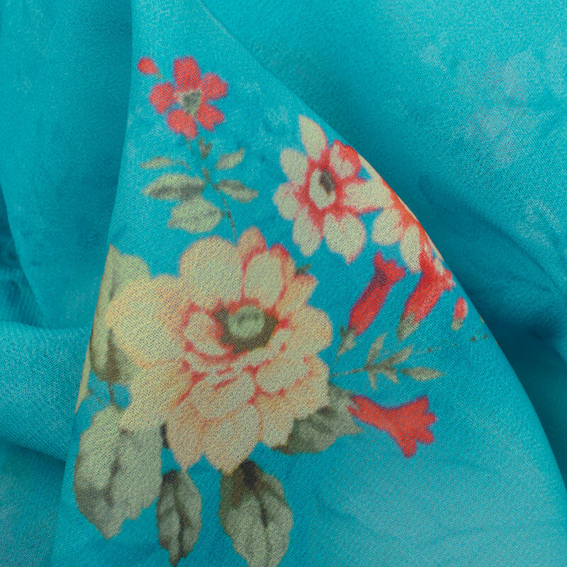 Sky Blue And Pink Floral Pattern Digital Print Georgette Fabric