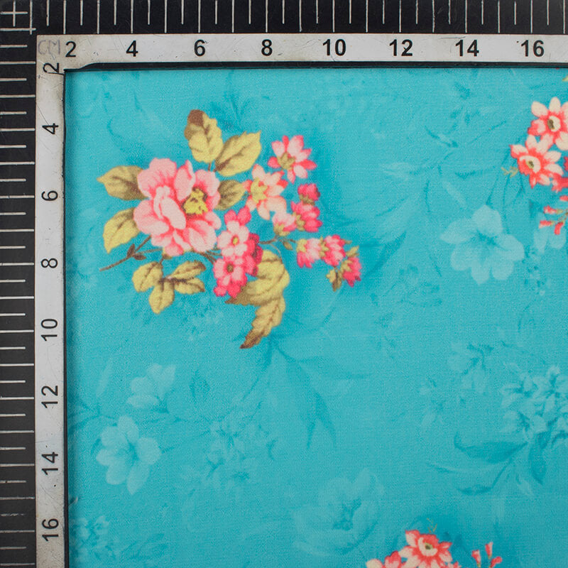 Sky Blue And Pink Floral Pattern Digital Print Georgette Fabric