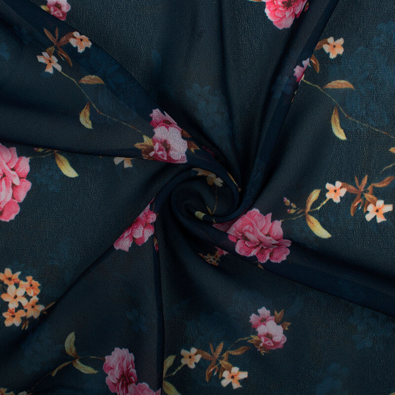 Prussian Blue And Pink Floral Pattern Digital Print Georgette Fabric