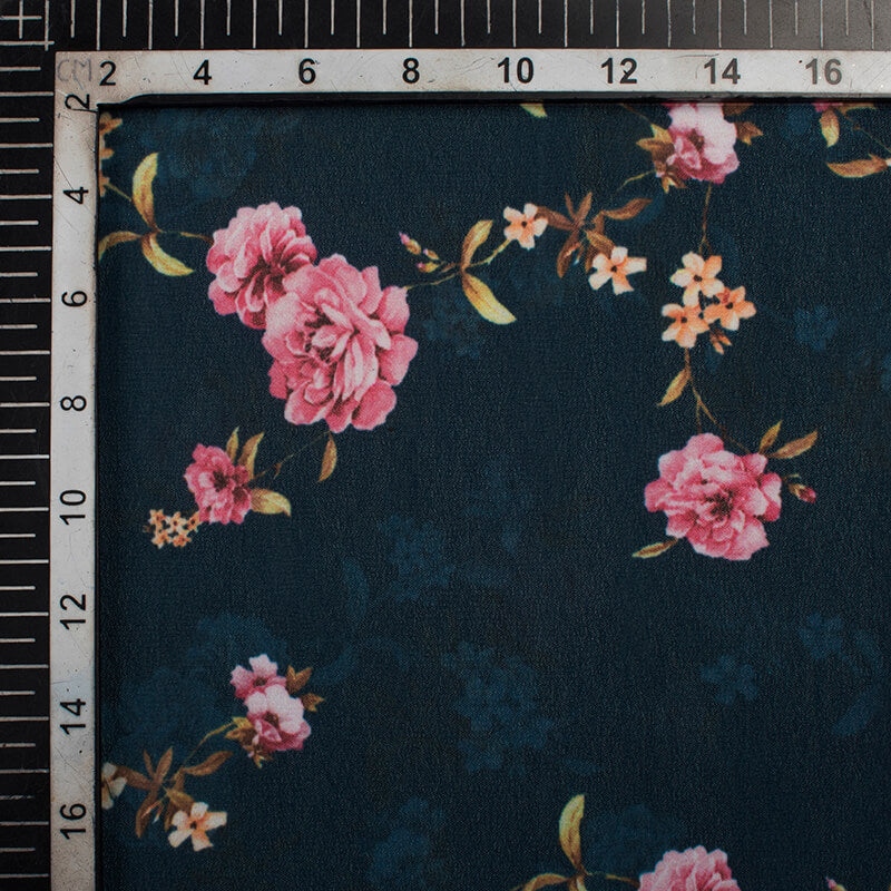 Prussian Blue And Pink Floral Pattern Digital Print Georgette Fabric