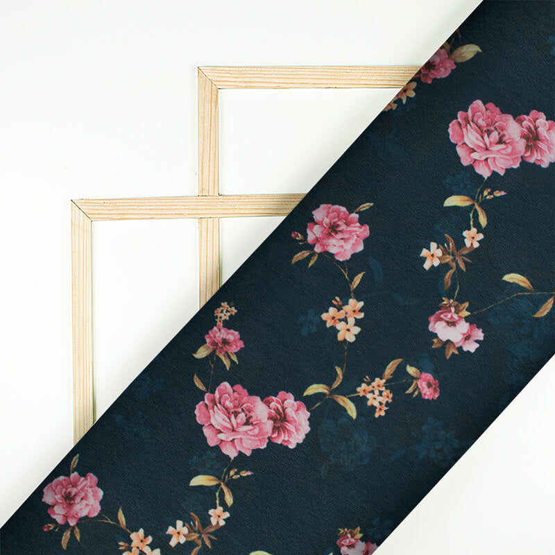 Prussian Blue And Pink Floral Pattern Digital Print Georgette Fabric - Fabcurate
