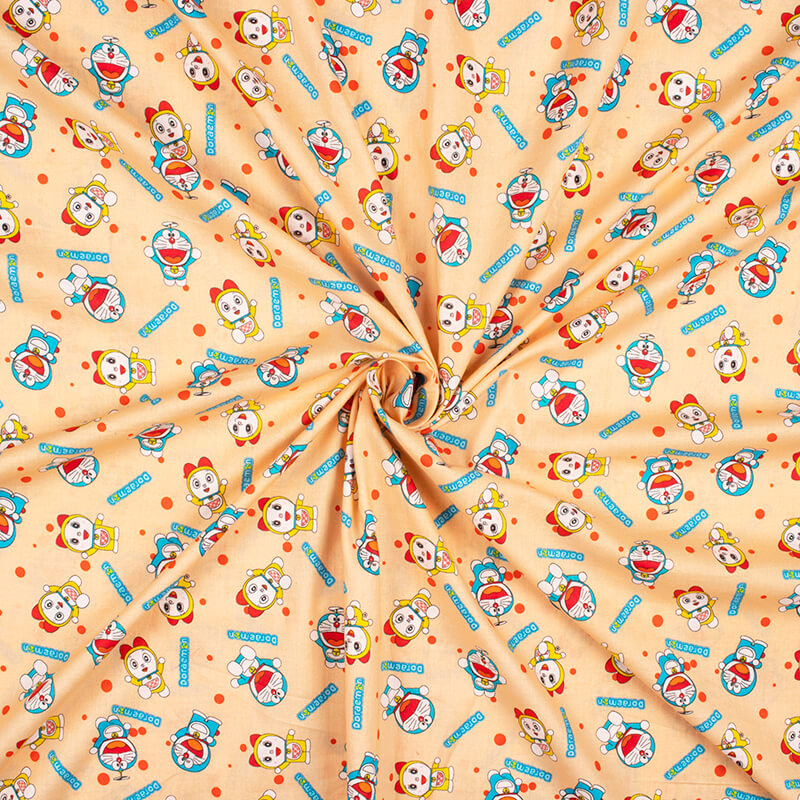 Peach And Red Kids Pattern Digital Print Cotton Cambric Fabric - Fabcurate