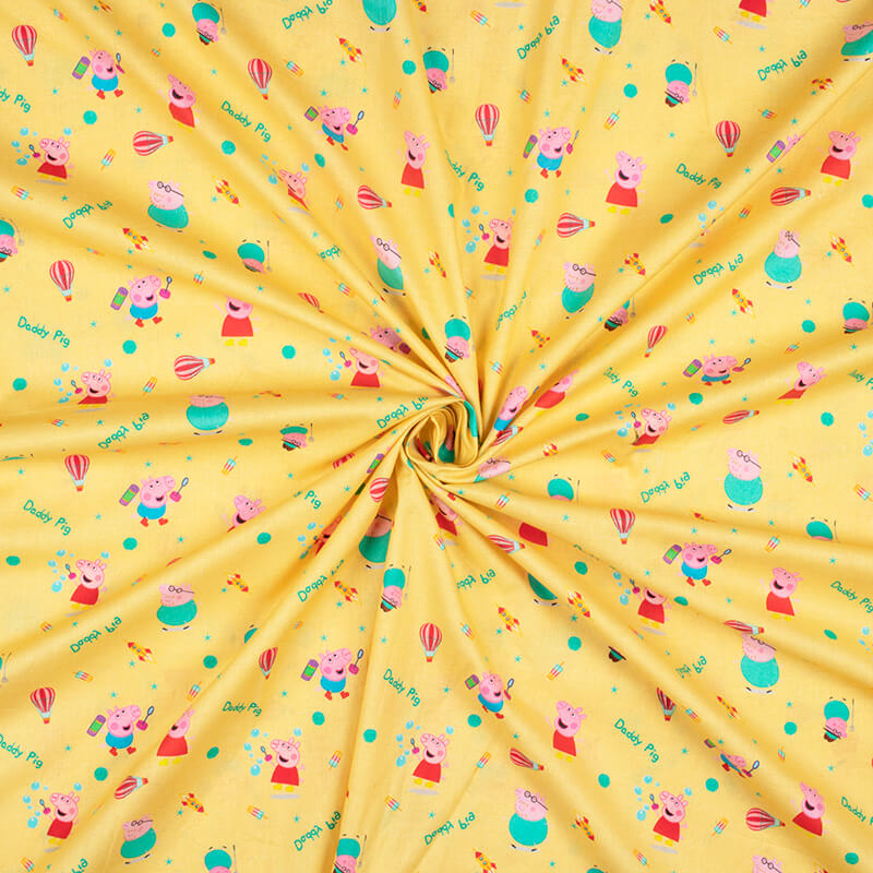 Mellow Yellow And Turquoise Kids Pattern Digital Print Cotton Cambric Fabric - Fabcurate