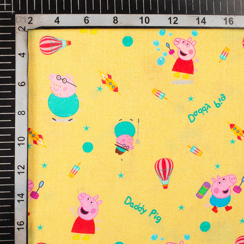Mellow Yellow And Turquoise Kids Pattern Digital Print Cotton Cambric Fabric - Fabcurate