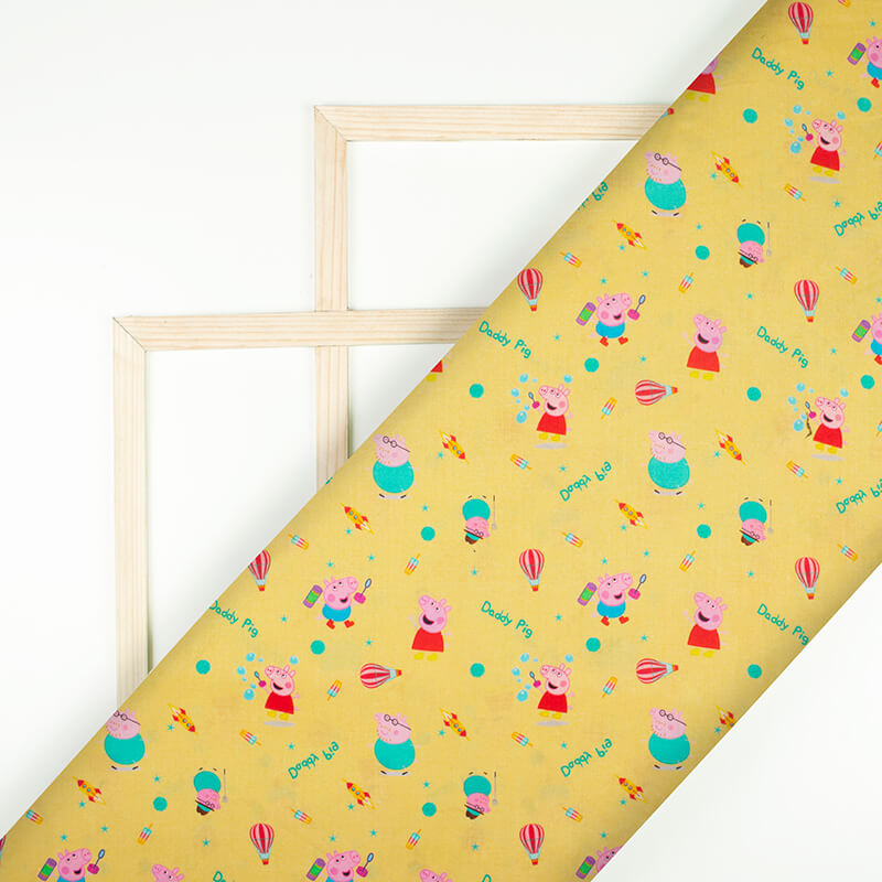 Mellow Yellow And Turquoise Kids Pattern Digital Print Cotton Cambric Fabric - Fabcurate