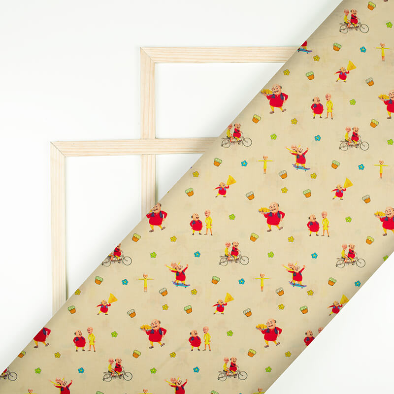 Cream And Red Kids Pattern Digital Print Cotton Cambric Fabric - Fabcurate