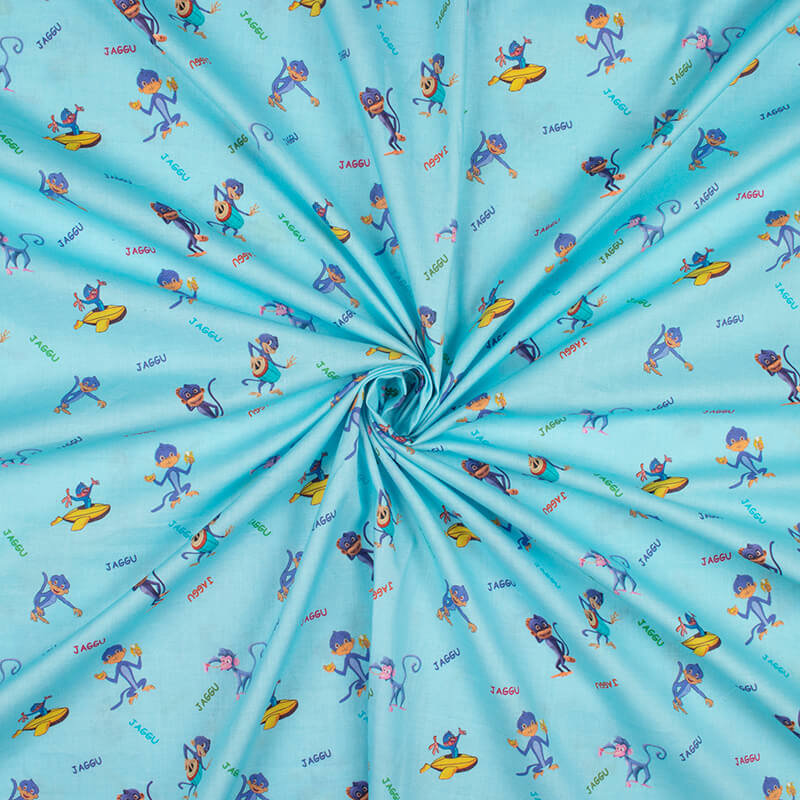 Sky Blue And Purple Kids Pattern Digital Print Cotton Cambric Fabric