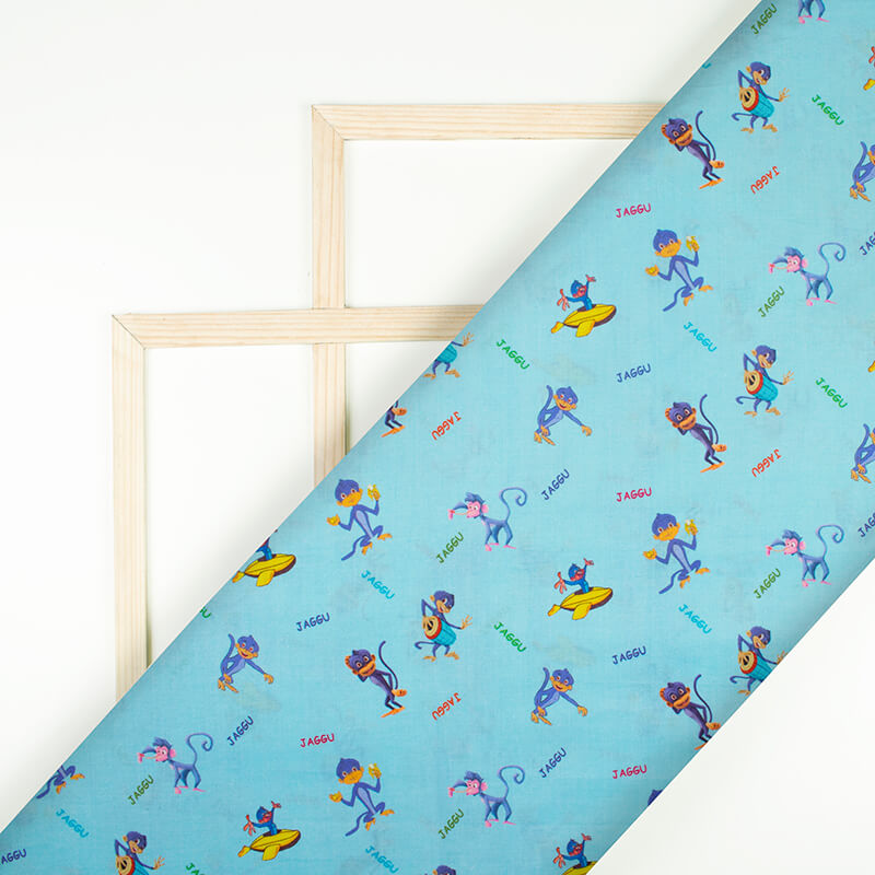 Sky Blue And Purple Kids Pattern Digital Print Cotton Cambric Fabric