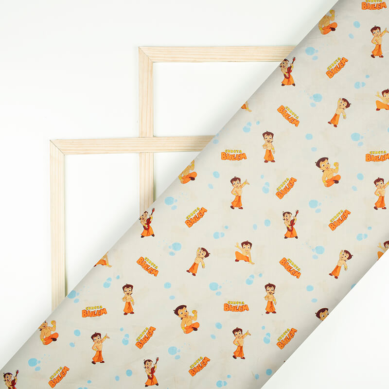 Snow White And Orange Kids Pattern Digital Print Cotton Cambric Fabric