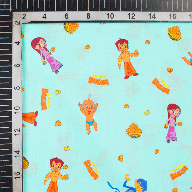 Sky Blue And Orange Kids Pattern Digital Print Cotton Cambric Fabric