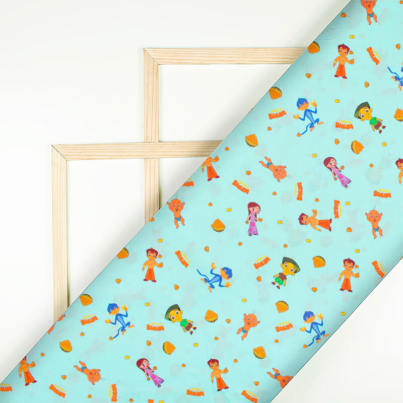 Sky Blue And Orange Kids Pattern Digital Print Cotton Cambric Fabric