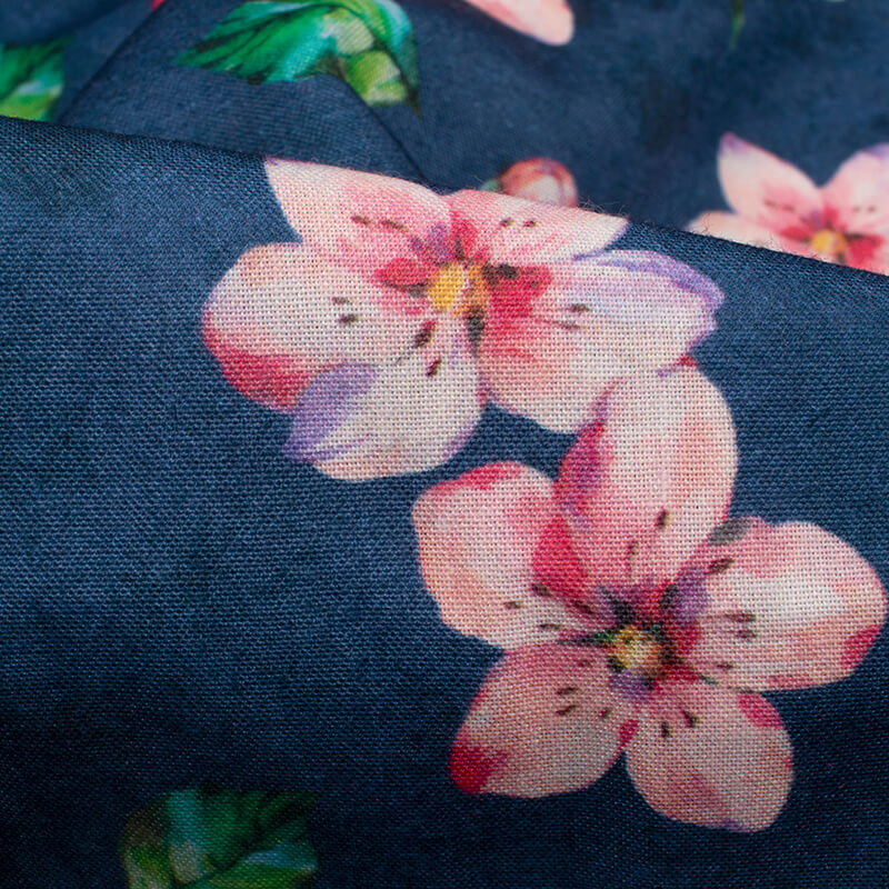 Lapis Blue And Peach Floral Pattern Digital Print Rayon Fabric - Fabcurate